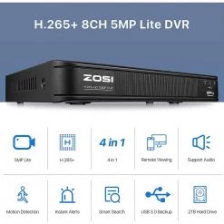 8-Channel 5MP-Lite 2TB DVR Security Camera System with 8 1080p Outdoor Wired Cameras, Surveillance System by ZOSI 16 8-Channel 5MP-Lite 2TB DVR Security Camera System with 8 1080p Outdoor Wired Cameras, Surveillance System by ZOSI -ProHT Sales Store black zosi wired security camera systems 8vm 261b8s 20 us 1d 1000