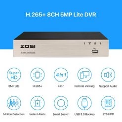 8-Channel 5MP-Lite 2TB DVR Security Camera System with 8-Wired Bullet Cameras, 80 ft. Night Vision by ZOSI -ProHT Sales Store black zosi wired security camera systems 8vn 211b8s 20 us c3 1000