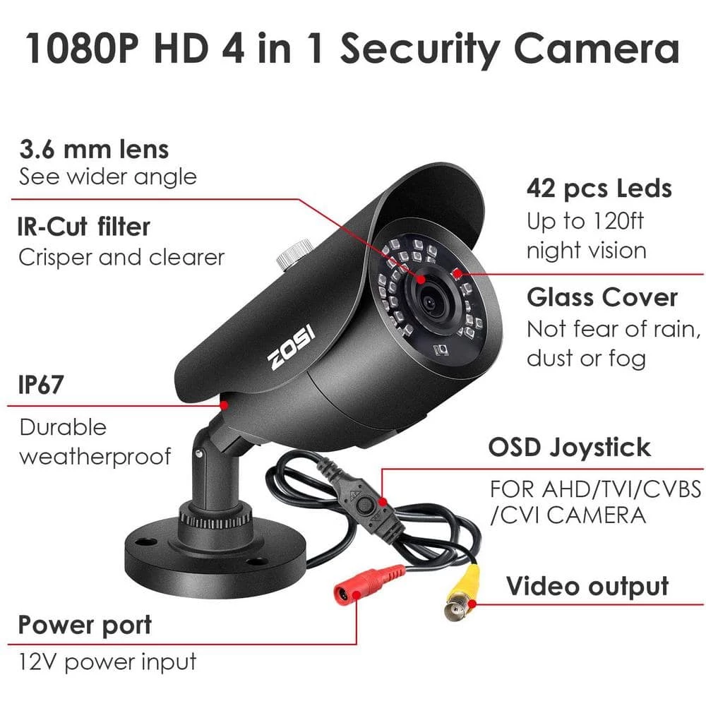 Wired 1080p Outdoor Bullet Security Camera 4-in-1 Compatible for TVI/CVI/AHD/CVBS, 120 ft. Night Vision, IP67 Waterproof by ZOSI 4 Wired 1080p Outdoor Bullet Security Camera 4-in-1 Compatible for TVI/CVI/AHD/CVBS, 120 ft. Night Vision, IP67 Waterproof by ZOSI - Image 2