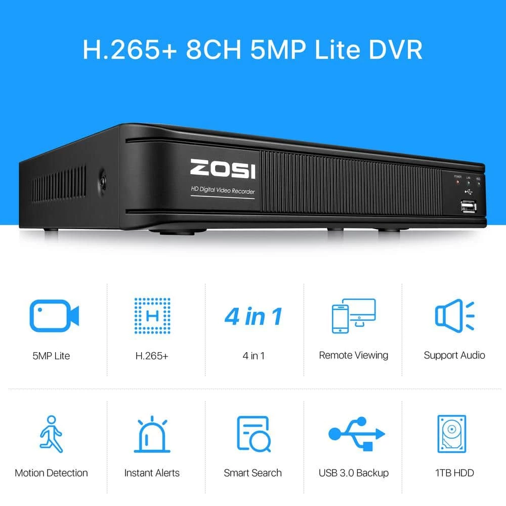8 Channel 5MP-Lite 1TB Hard Drive DVR Security Camera System with 4 1080p Wired Dome Cameras, Remote Access by ZOSI 5 8 Channel 5MP-Lite 1TB Hard Drive DVR Security Camera System with 4 1080p Wired Dome Cameras, Remote Access by ZOSI - Image 3