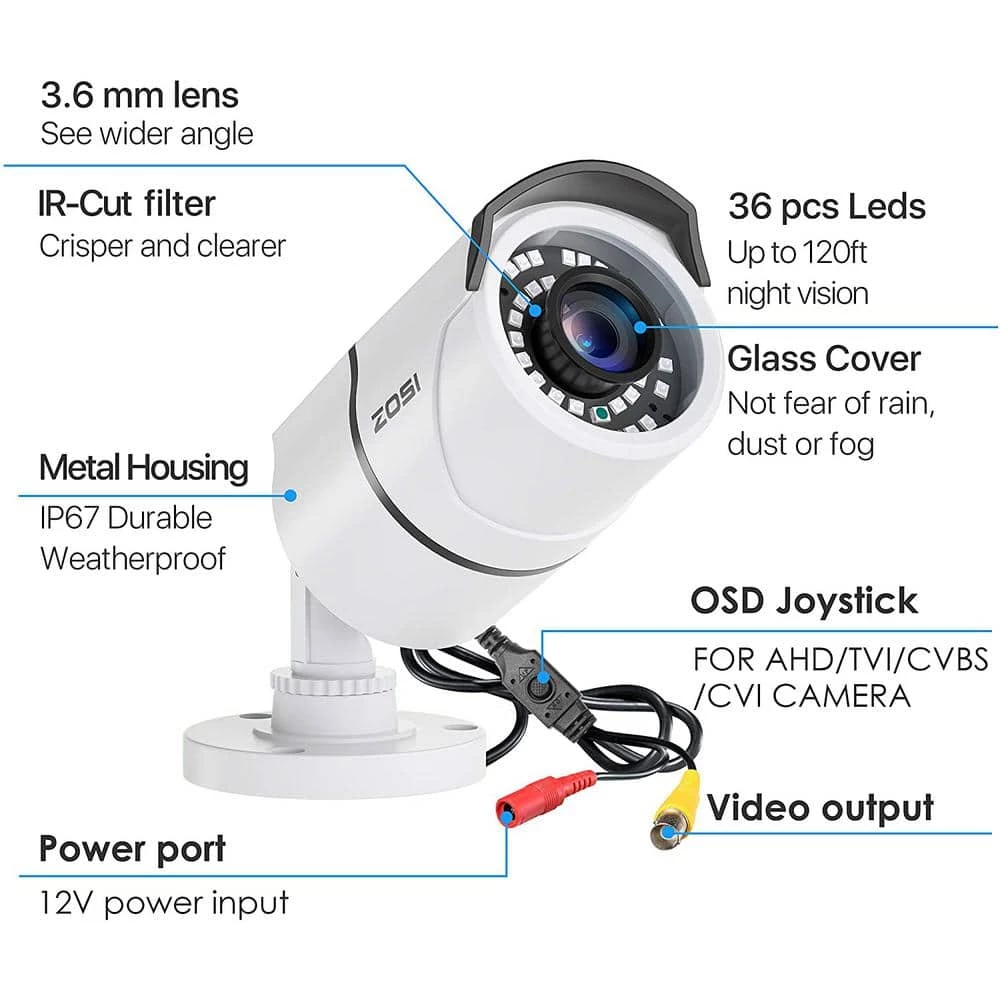 2.0MP Wired 1080p Outdoor Bullet Security Camera 4-in-1 Compatible for 1080p/720p TVI/CVI/AHD/CVBS DVR by ZOSI 4 2.0MP Wired 1080p Outdoor Bullet Security Camera 4-in-1 Compatible for 1080p/720p TVI/CVI/AHD/CVBS DVR by ZOSI - Image 2