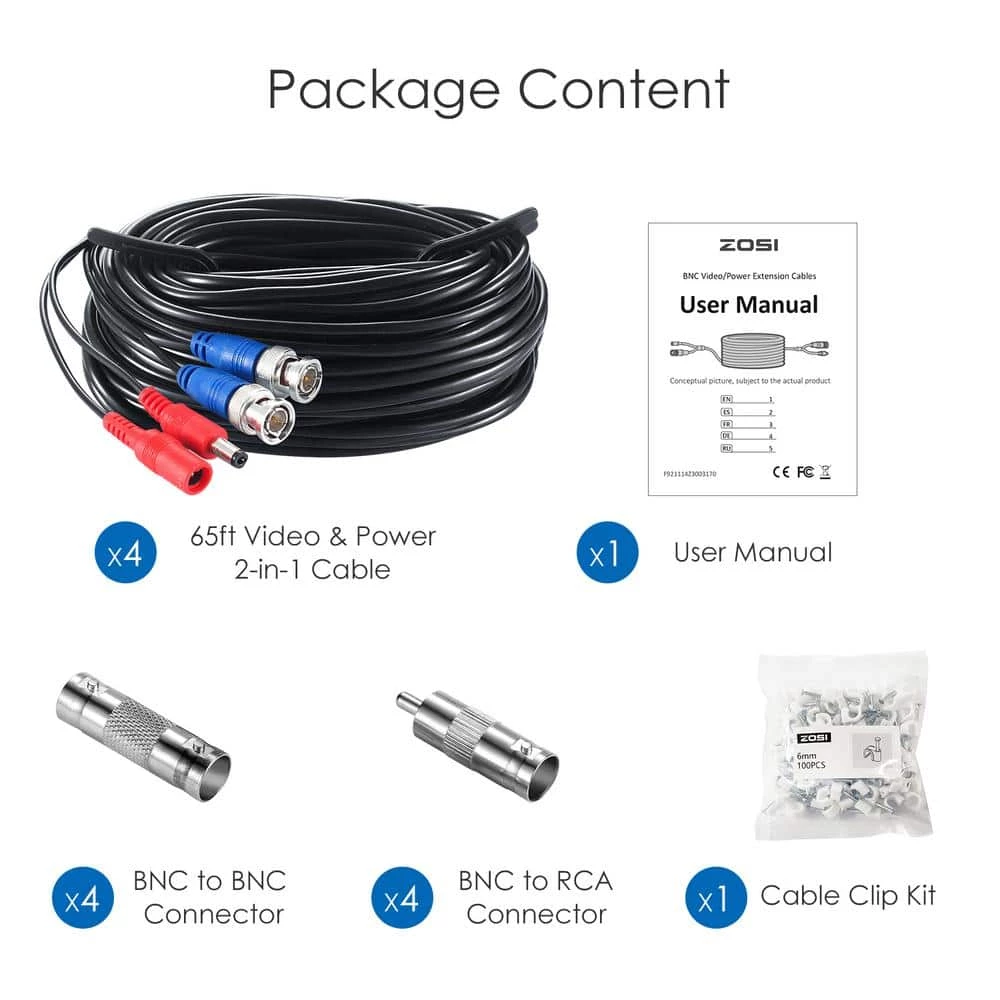 60 ft. Security Camera Cables BNC Cord Video Power Cable(4 pack of 60ft) by ZOSI 4 60 ft. Security Camera Cables BNC Cord Video Power Cable(4 pack of 60ft) by ZOSI - Image 2